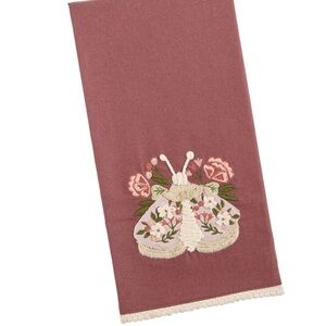NWT Set of 2 Wine Red Floral Moth Embroidered Kitchen Towels